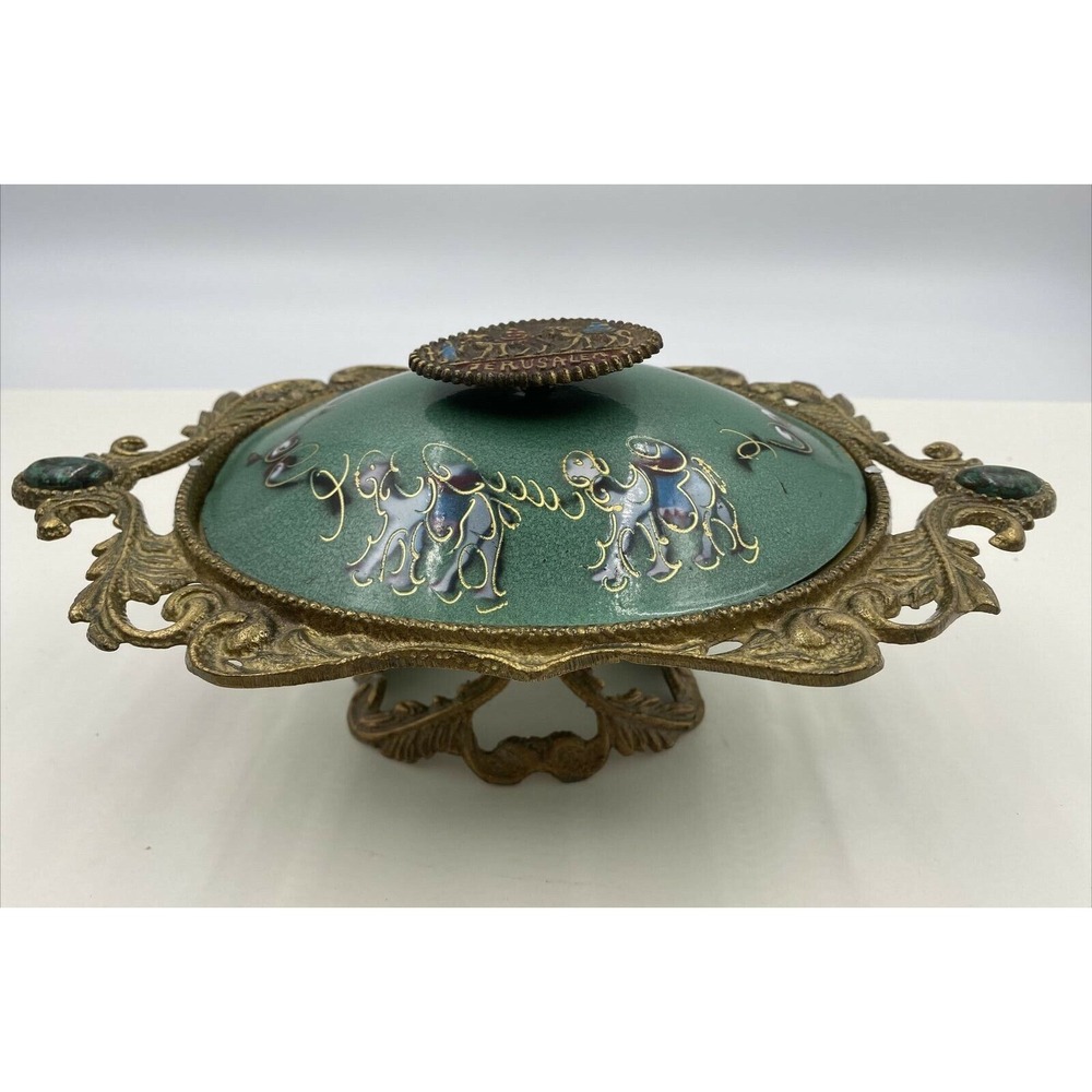 VTG Trinket Bowl Green Enamel Footed Retro 50s Camel Caravan Brass Jerusalem